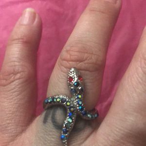Blue red silver rhinestone sparkle  snake ring